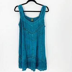 Sakkas Aliney Short tie back Embroidered Day Dress turquoise festival  sz 1x 2x